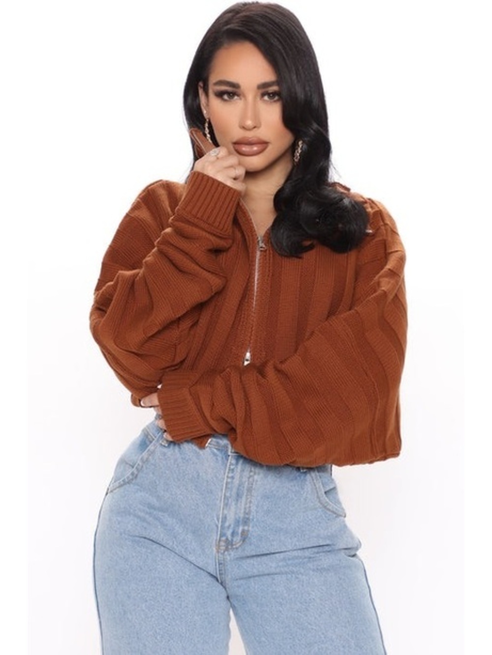 Fashion Nova Brown Ribbed Knit Zip-Up Sweater Jacket